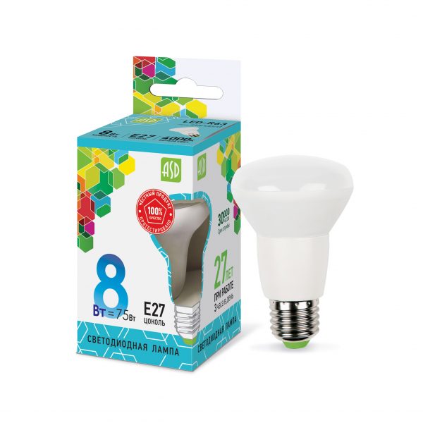 Лампа светодиодная LED-R63-std 8Вт 230В Е27 4000К 720Лм ASD 1 Лампа светодиодная LED-R63-std 8Вт 230В Е27 4000К 720Лм ASD