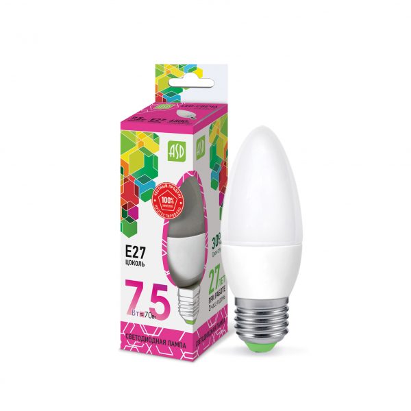 Лампа светодиодная LED-СВЕЧА-std 7.5Вт 230В Е27 6500К 675Лм ASD