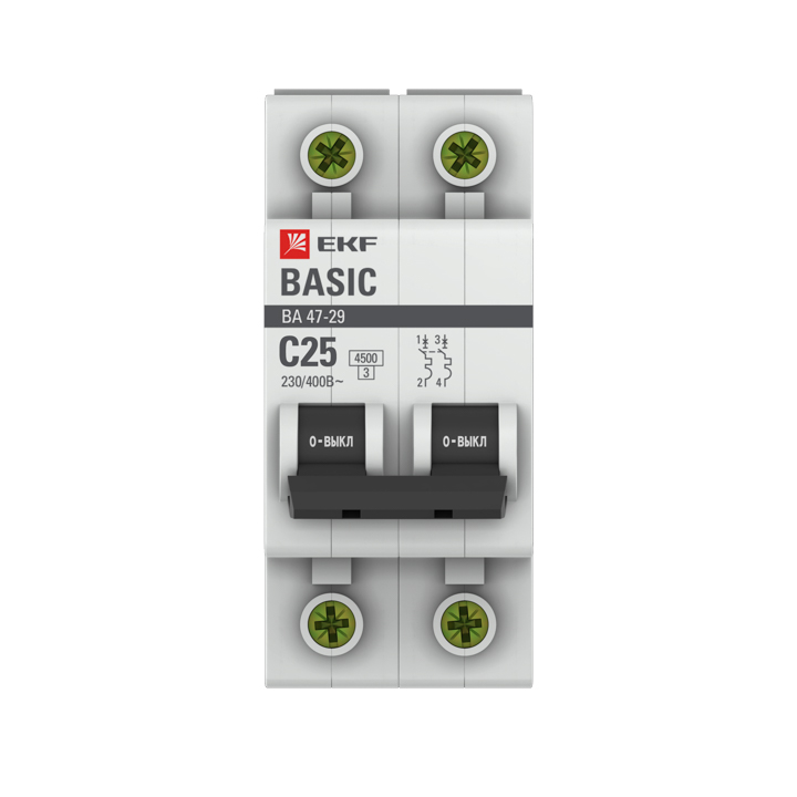 Автоматический выключатель 2P 25А (C) 4,5кА ВА 47-29 EKF Basic