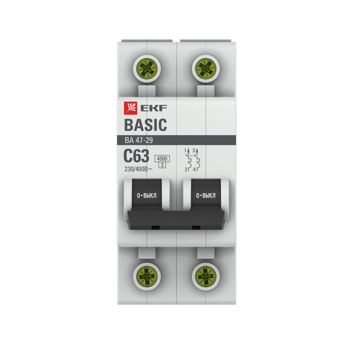 Автоматический выключатель 2P 63А (C) 4,5кА ВА 47-29 EKF Basic