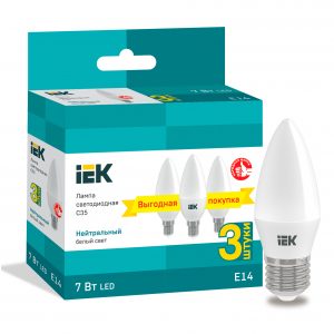 Лампа светодиодная C35 свеча 7Вт 230В 4000К E14 (3шт/упак) IEK