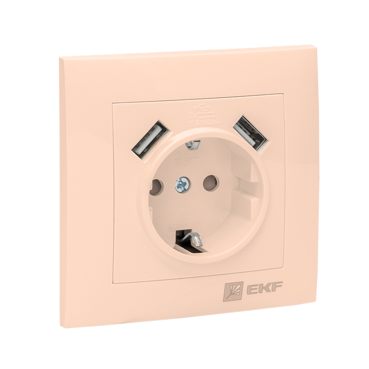 Валенсия розетка 1-местная с/з 16А кремовая с защ. штор. с 2 USB 2,1А EKF PROxima