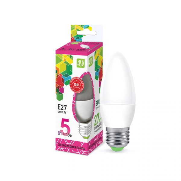 Лампа светодиодная LED-СВЕЧА-std 5Вт 230В Е27 6500К 450Лм ASD
