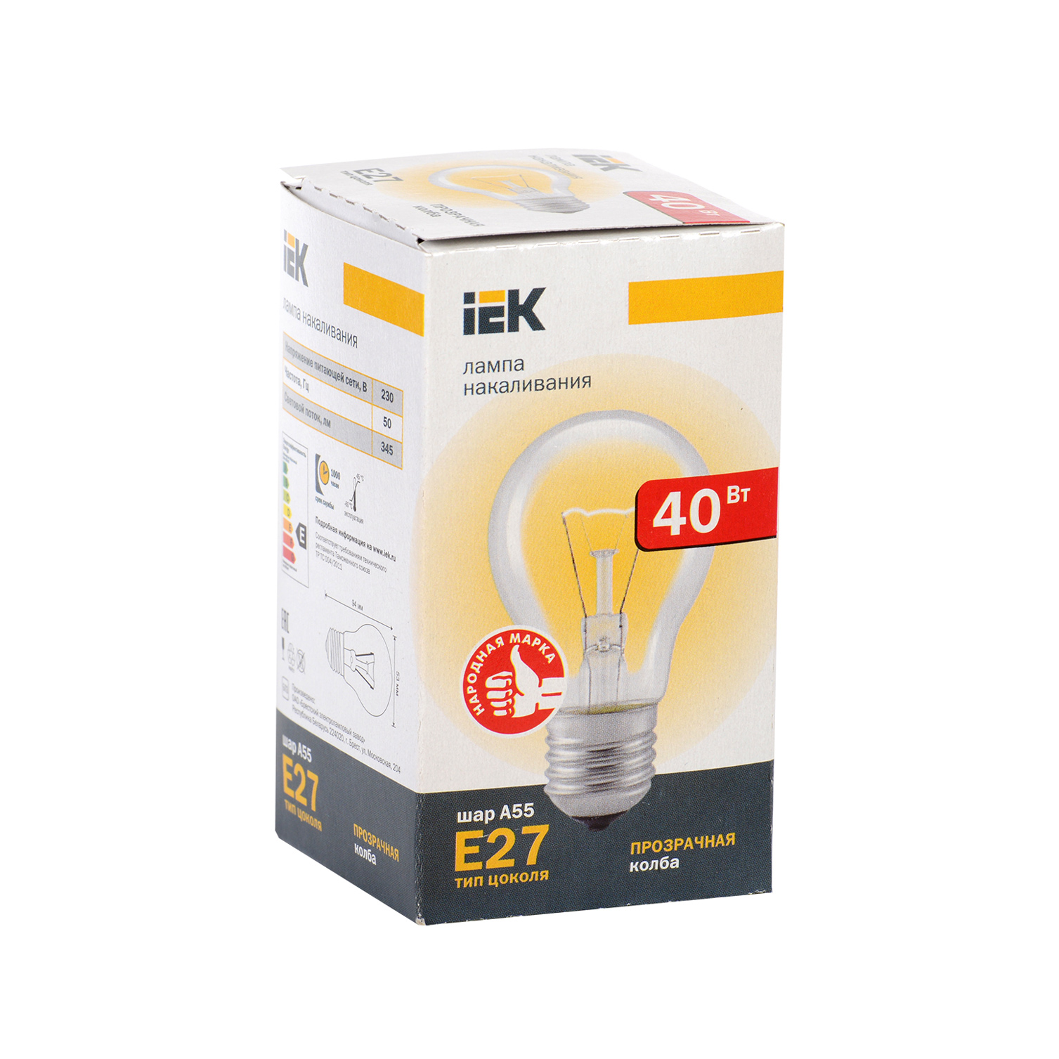 Лампа накаливания A55 шар прозрачная 40Вт E27 IEK