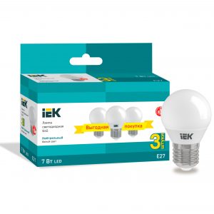Лампа светодиодная G45 шар 7Вт 230В 4000К E27 (3шт/упак) IEK