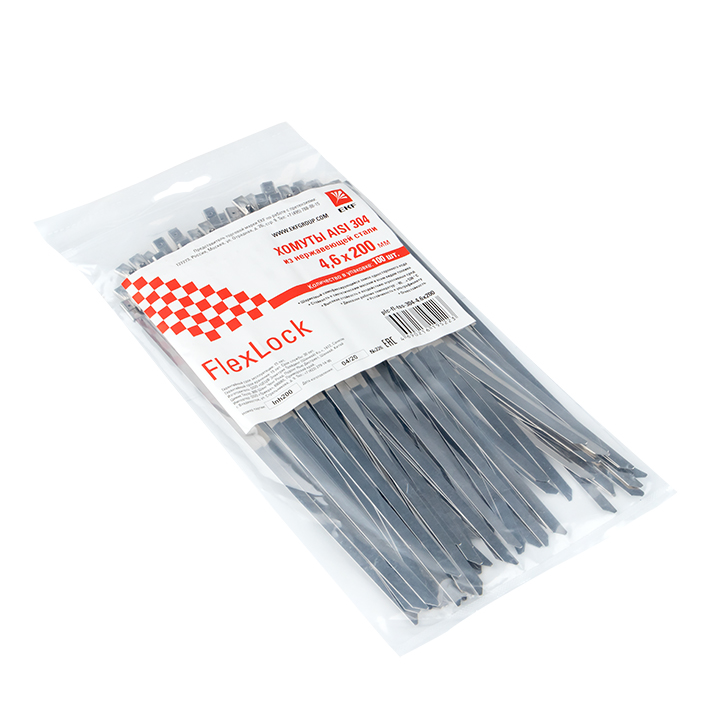 Хомут AISI 304 из нержавеющей стали, 4.6x200 (100 шт.) FlexLock PROxima