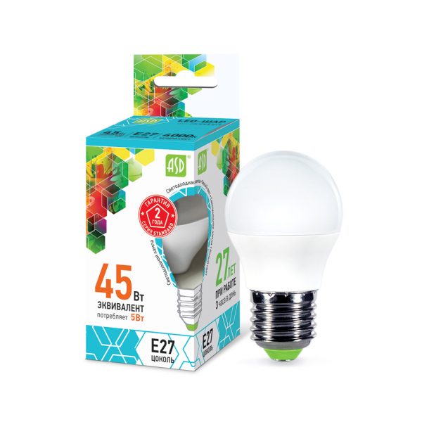 Лампа светодиодная LED-ШАР-std 5Вт 230В Е27 4000К 450Лм ASD 1 Лампа светодиодная LED-ШАР-std 5Вт 230В Е27 4000К 450Лм ASD