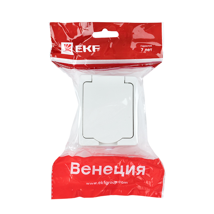 Венеция Розетка 1-местная 16А с заземлением с крышкой IP54 белый с защ. штор. EKF
