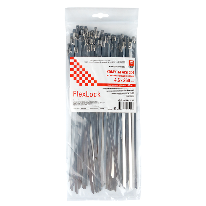 Хомут AISI 304 из нержавеющей стали, 4.6x260 (100 шт.) FlexLock PROxima