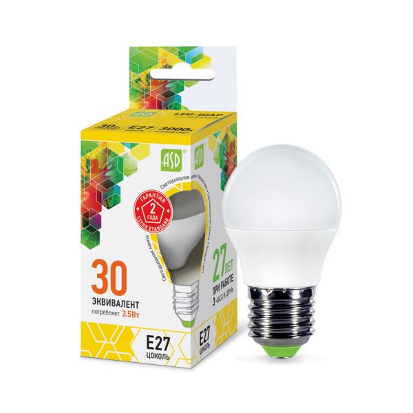 Лампа светодиодная LED-ШАР-std 3 Лампа светодиодная LED-ШАР-std 3.5Вт 230В Е27 3000К 320Лм ASD