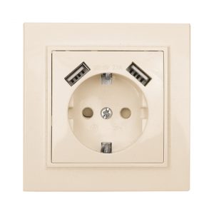 Минск Розетка 1-местная СП с/з 16А бежевая с защ. штор. с 2 USB 2,1А EKF