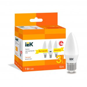 Лампа светодиодная C35 свеча 7Вт 230В 3000К E14 (3шт/упак) IEK