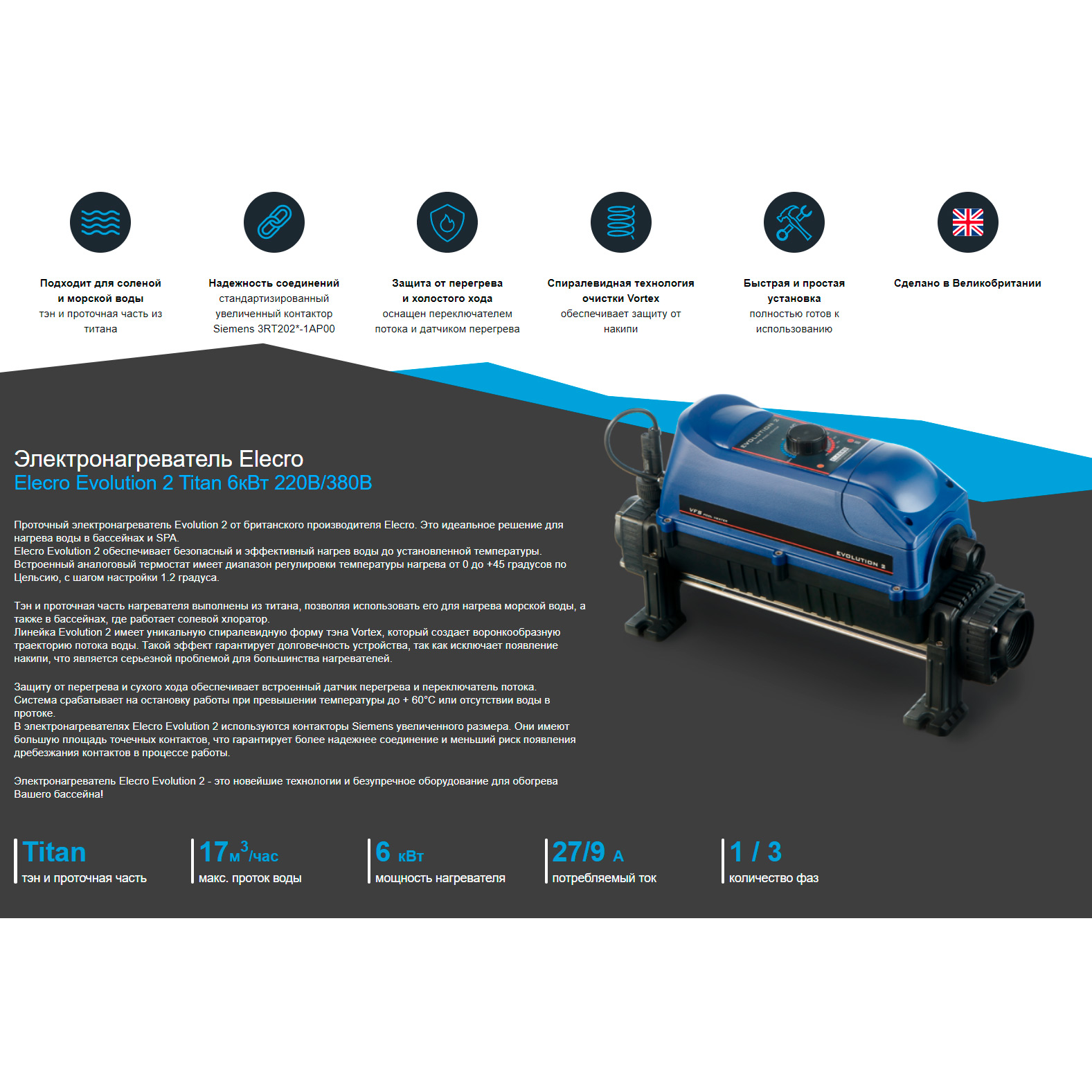 Электронагреватель Elecro Evolution 2-v-6 6кВт 220/380В Titan