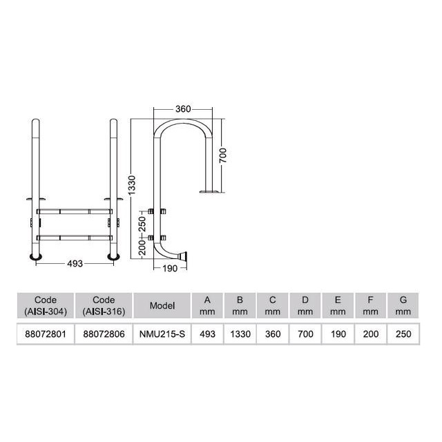 Лестница для бассейна Emaux 2 ступени NMU215-S AISI-304