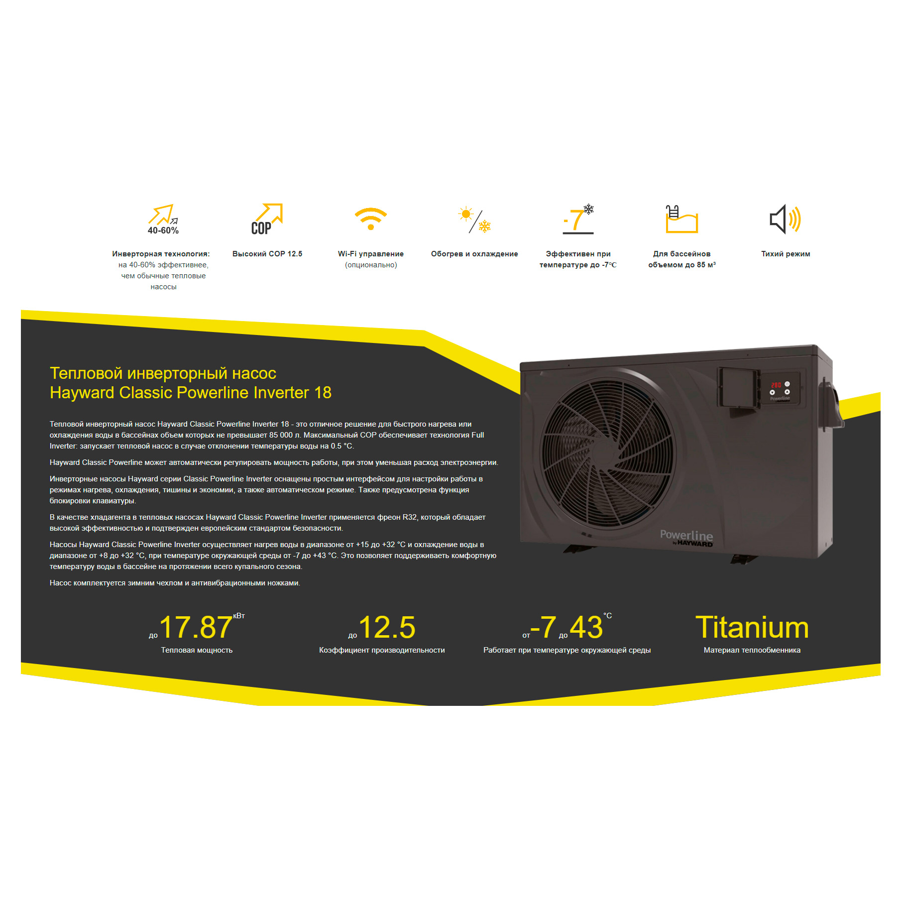 Тепловой насос Hayward Classic Powerline Inverter 18 кВт