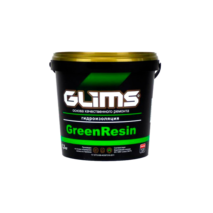 Гидроизоляция эластичная герметик Glims-GreenResin 1.3 кг ведро