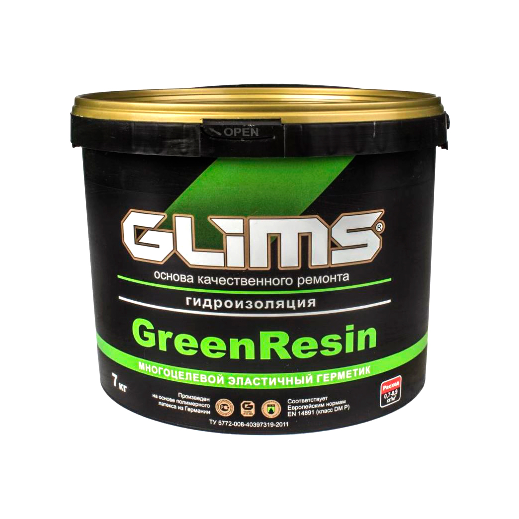 Гидроизоляция эластичная герметик Glims GreenResin 7 кг ведро